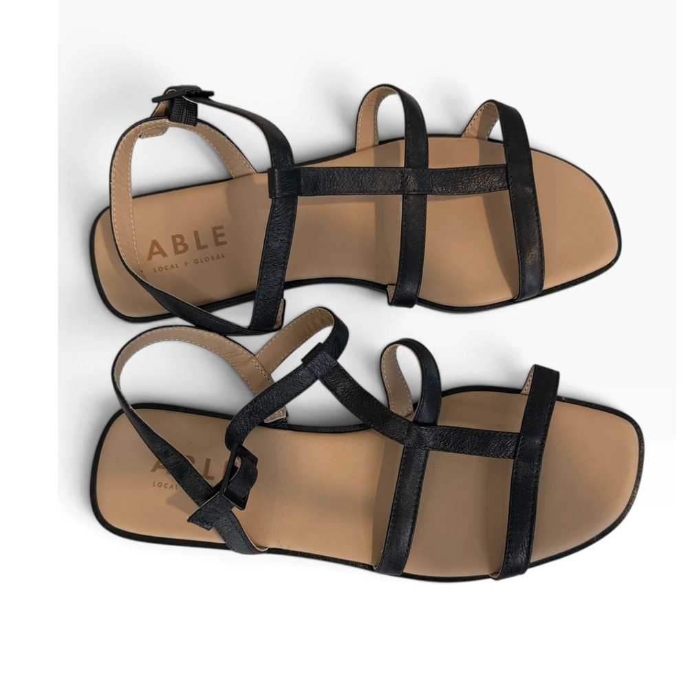 ABLE Black Leather Strappy Caged Flat Sandals Square Toe Womens 9.5M